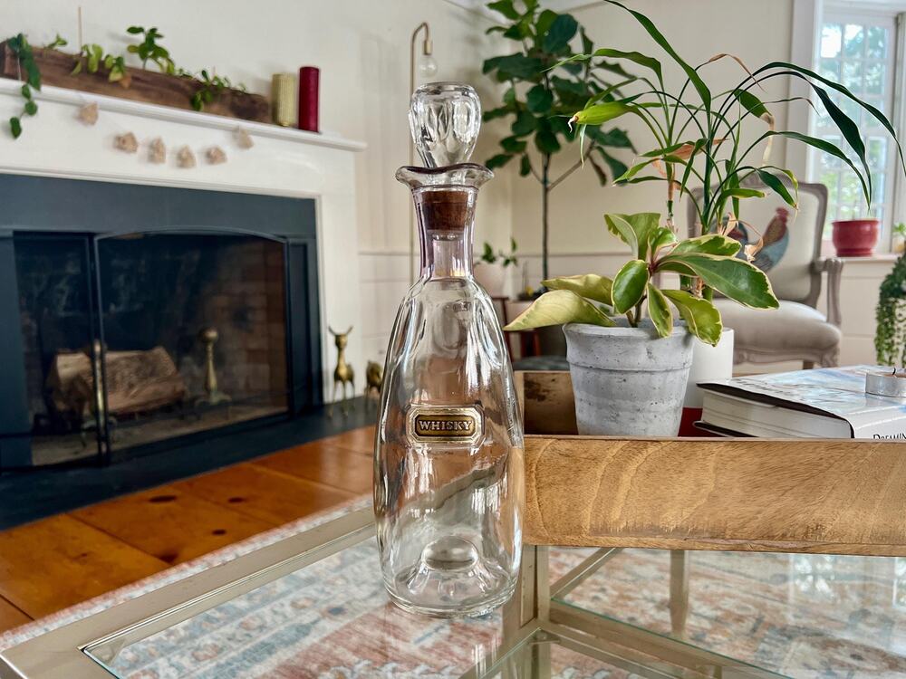Vintage Hollywood Regency Whisky Decanter Crystal Gold Pink Detail Barware